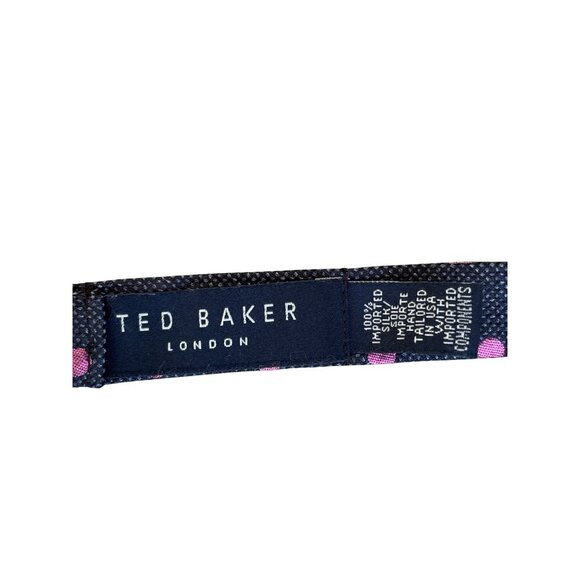 Ted Baker Bowtie Textured 100% Silk Classic Polka Dot Navy Pink Adjustable EUC - Picture 6 of 9